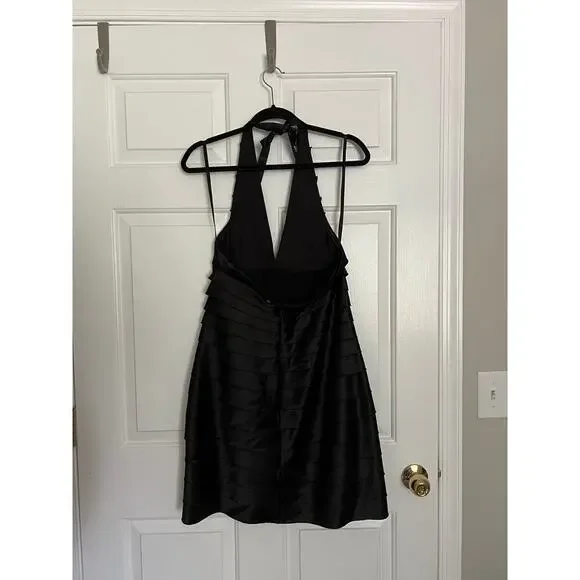 BCBGMaxazria Black Satin Y2K Whimsygoth Halter Cocktail Dress - Picture 3 of 7